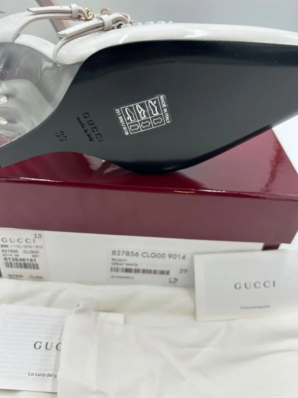 Women’s Gucci Christy Regent White Patent Leather Wedge Mules. Size 9.